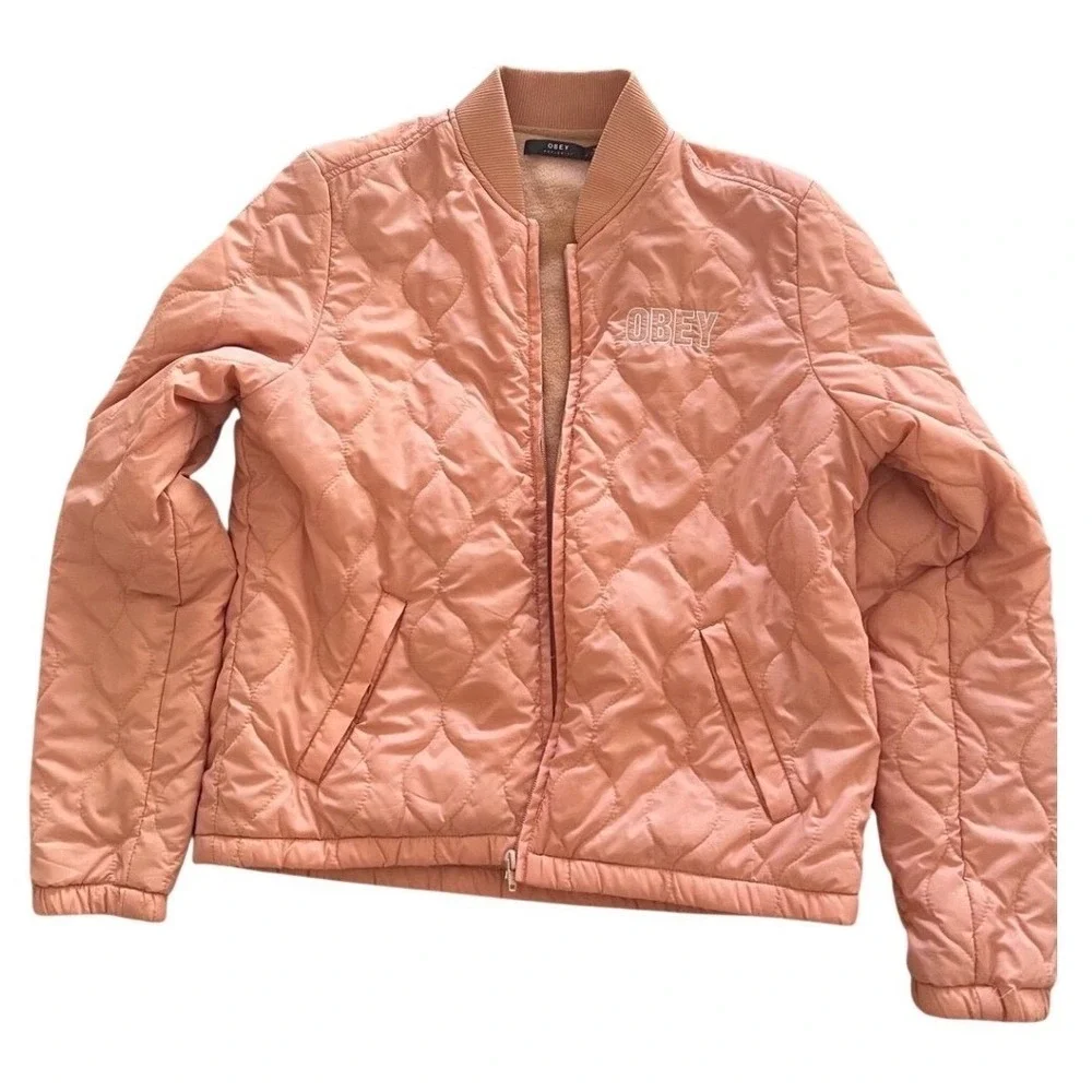 Obey Worldwide Quilted Pink Peach Embroidered Logo Fleece lined Puffer Jacket L - Picture 2 of 10
